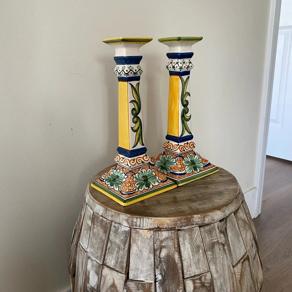 Williams Sonoma Nazari Alhambra Hand Painted Ceramic Candle Holder Pair 10.5”